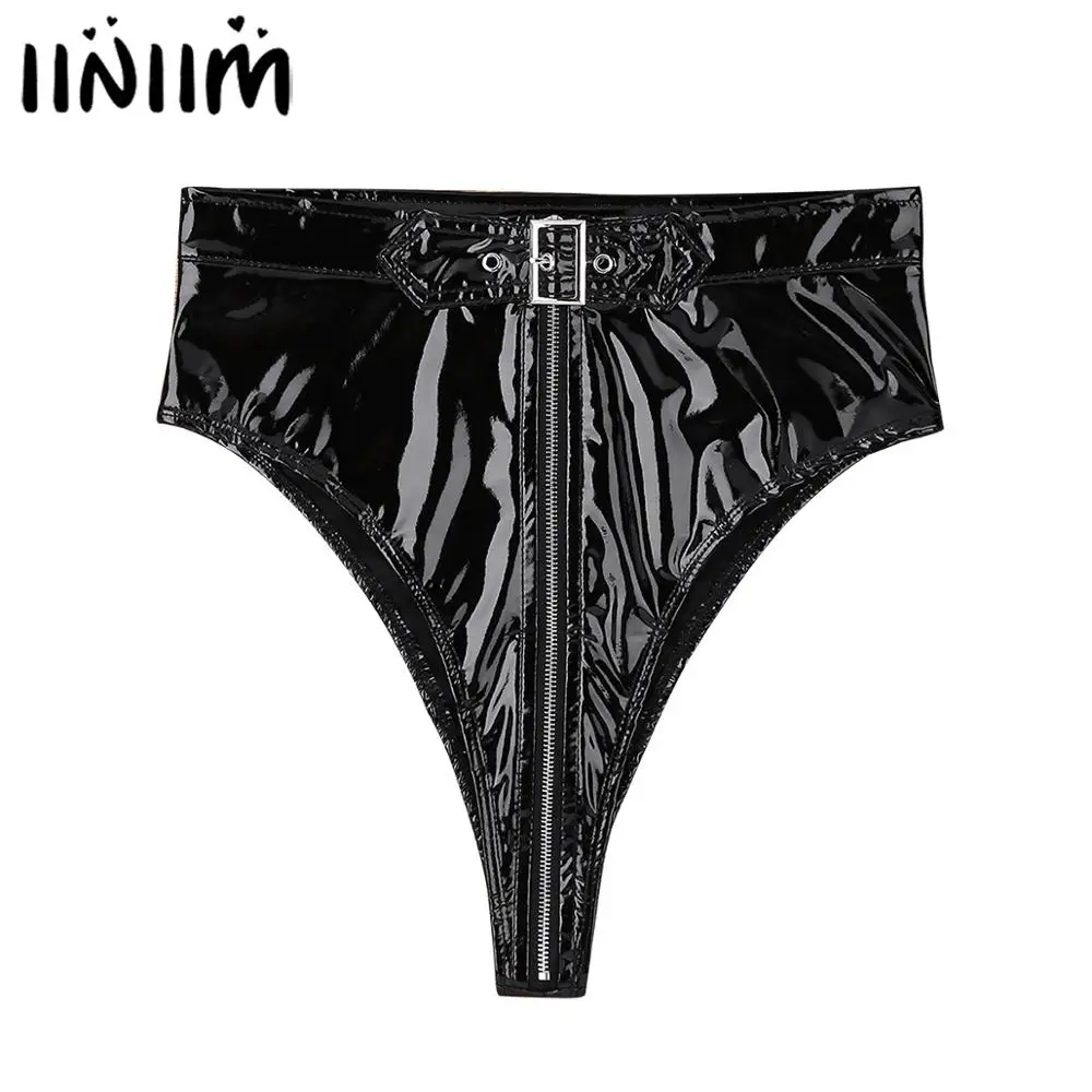 Womens Sexy Lingerie Panties High Cut Zippered with Belt Briefs Underwear Underpants Femme Body Latex bikini Clubwear Knickers