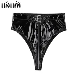 Womens Sexy Lingerie Panties High Cut Zippered with Belt Briefs Underwear Underpants Femme Body Latex bikini Clubwear Knickers