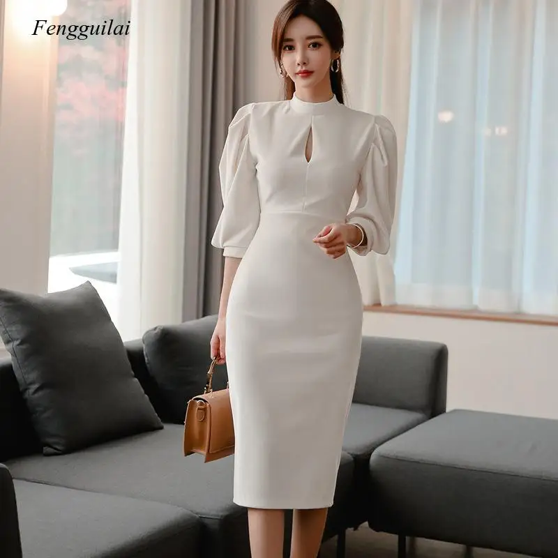 Langarm Cut Out Professionelle frauen Kleid Frühling 2020 Weiß Temperament Schlank und Elegante Hüfte Wrap Kleid