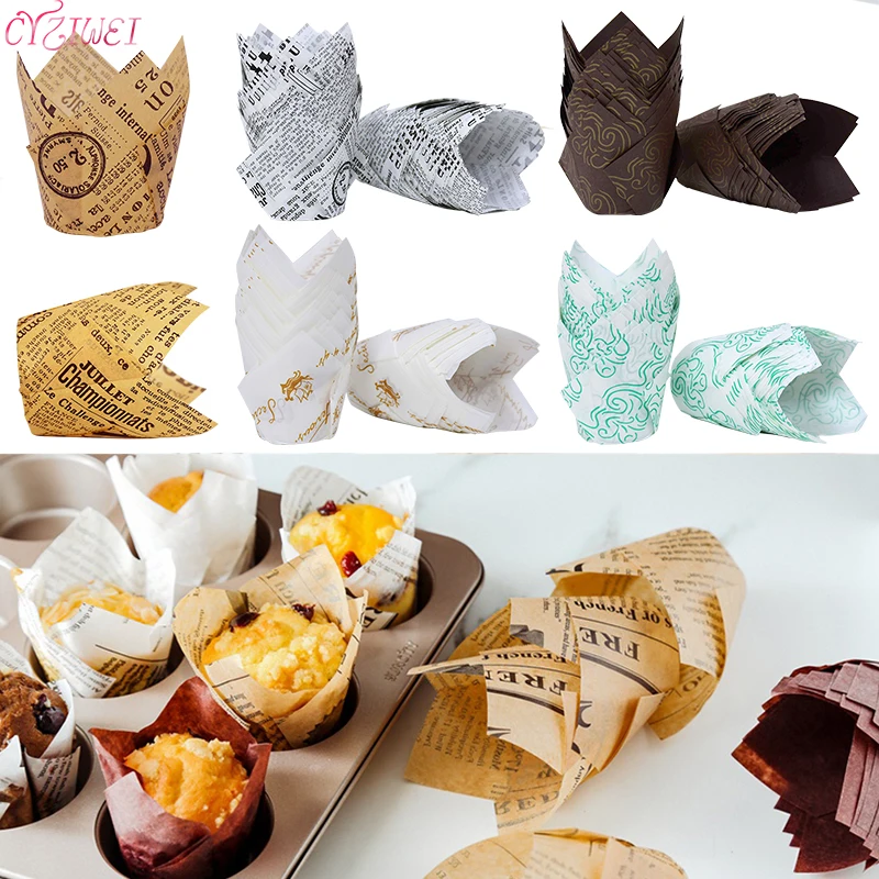 

50pcs Tulip Muffin Cupcake Paper Cups For Wedding Party Caissettes Newspaper Style Cupcake Paper Cup Oilproof Cake Wrapper