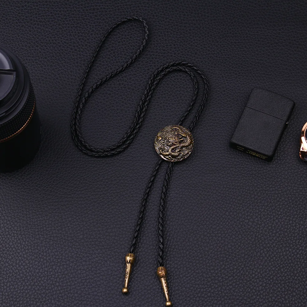 Chinese Style Dragon Pendant Bolo Tie for Men Vintage Ethnic Necklace Leather Rope Shirt Collar Bowtie Neck Ties Cowboy Jewelry