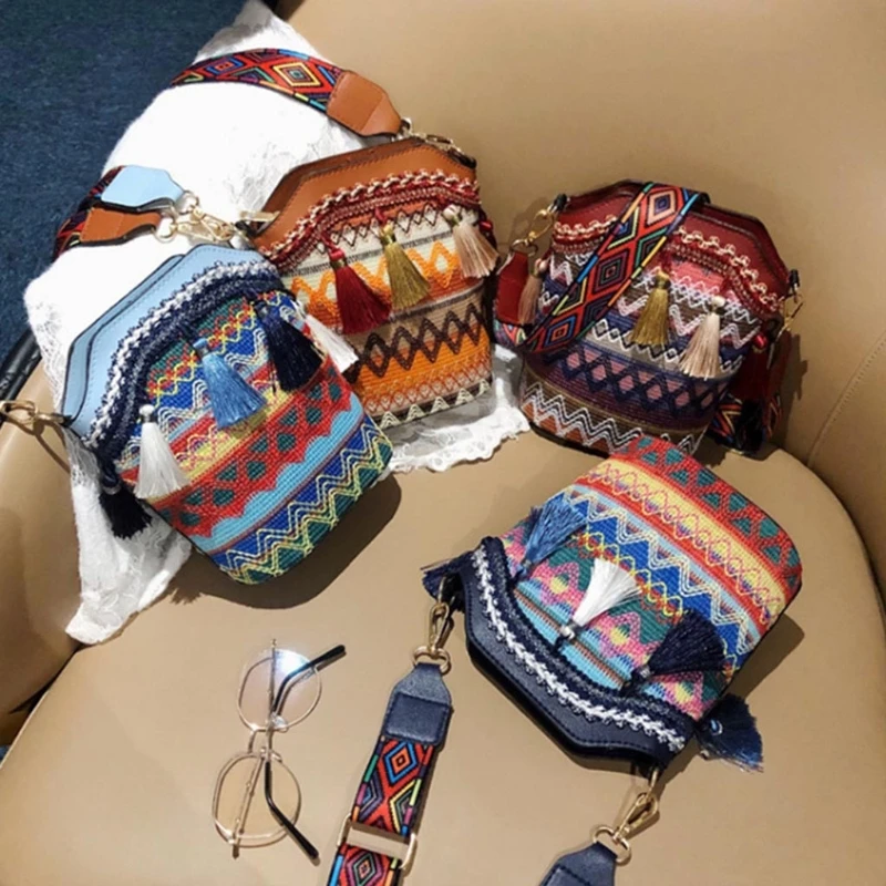 Vintage etniczna torba na ramię haft Boho Hippie torba na pasku Messenger Crossbody na plażę kobiety dziewczyny torebka etui na telefon etui