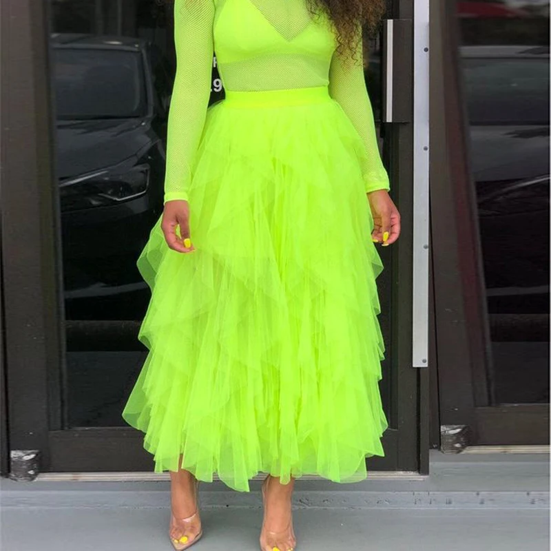 Bright Green Layered Tulle Skirt Fashion Ruffles Ankle Length Women Maxi Skirts Custom Made Neon Green Tutu Gown