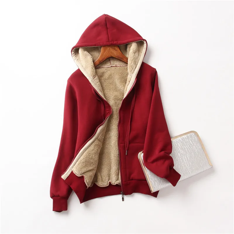 

Lamb cashmere Hooded female autumn winter solid color warm cotton jacket Plush thickened zipper jacket artificial fur liner