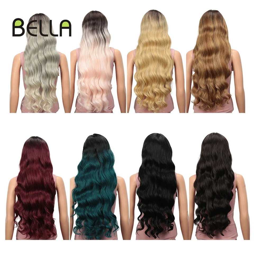 Bella 28 Inch Deep Wave Hair Synthetic Wigs Heat Resistant T-Part Lace Cosplay Wigs Lolita Ombre Blonde Lace Wigs for Women