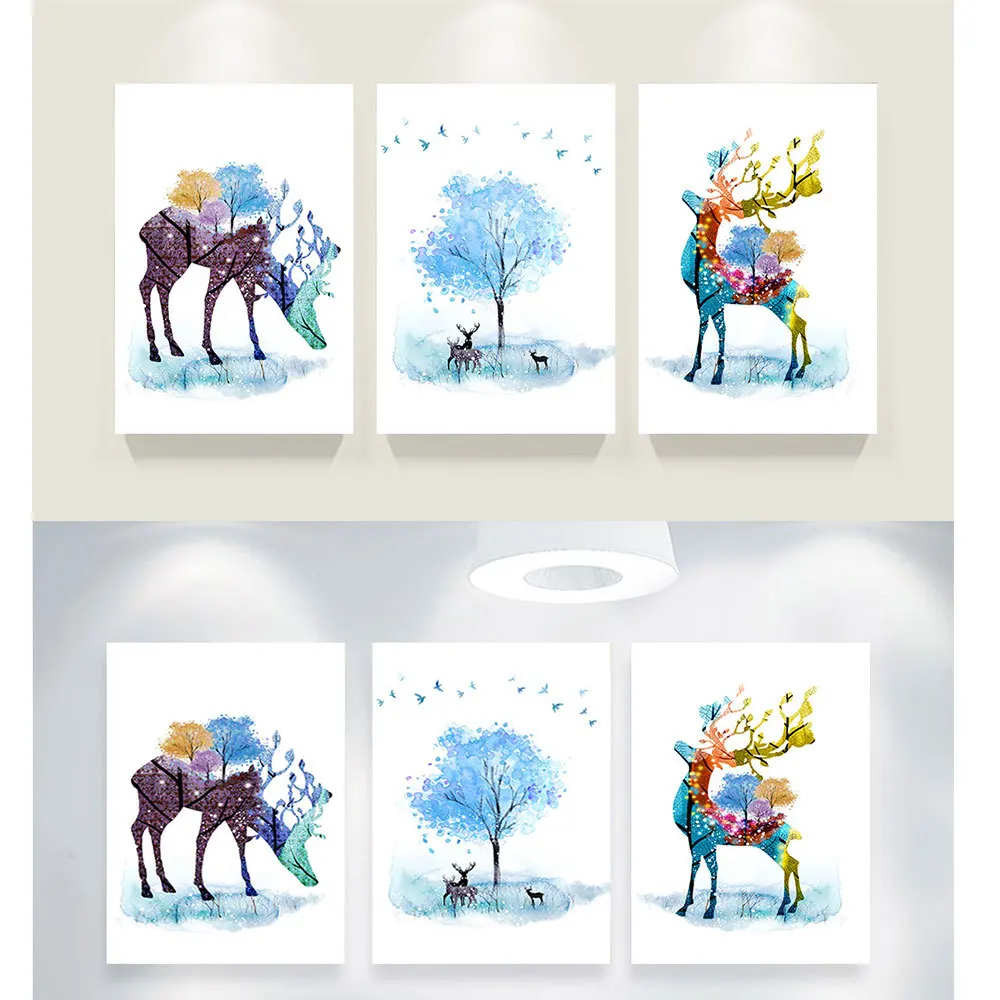 Heißer Verkauf Nordic Moderne Minimalistischen Aquarell Hirsch und Baum Dekorative Malerei Wohnzimmer Studie Wand Leinwand Malerei Wand Kunst