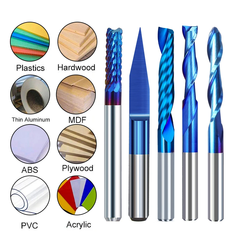 XCAN-Fresa de extremo CNC, vástago de 3.175mm, broca de enrutador Nano, broca de grabado de carburo recubierta de azul, herramientas de fresado CNC