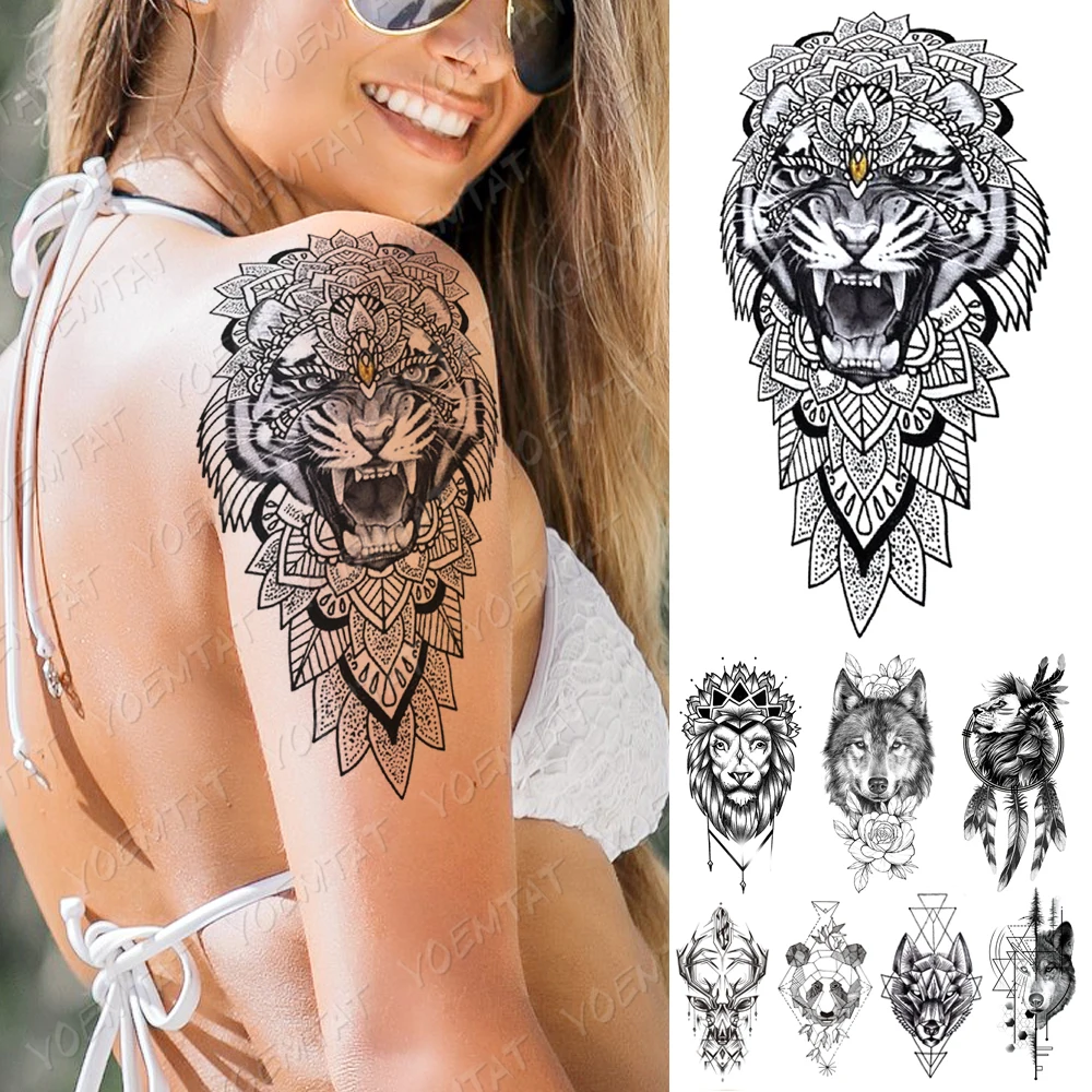 

Waterproof Temporary Tattoo Sticker Tiger Lion Wolf Flowers Flash Tattoos Line Panda Body Art Arm Fake Sleeve Tatoo Women Men