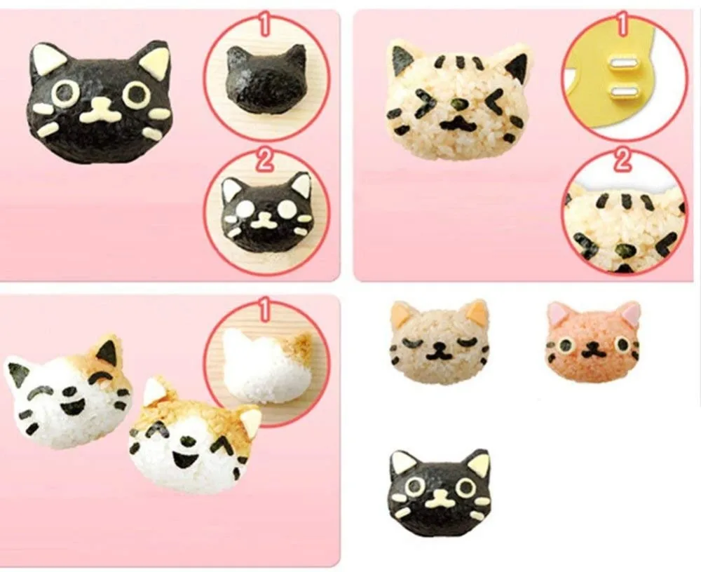 3pcs/set Sushi Mold Rice Ball Mold Cartoon Cat Pattern Sushi Bento Nori Kitchen Rice Decor Kits Sandwich for Baby Kids