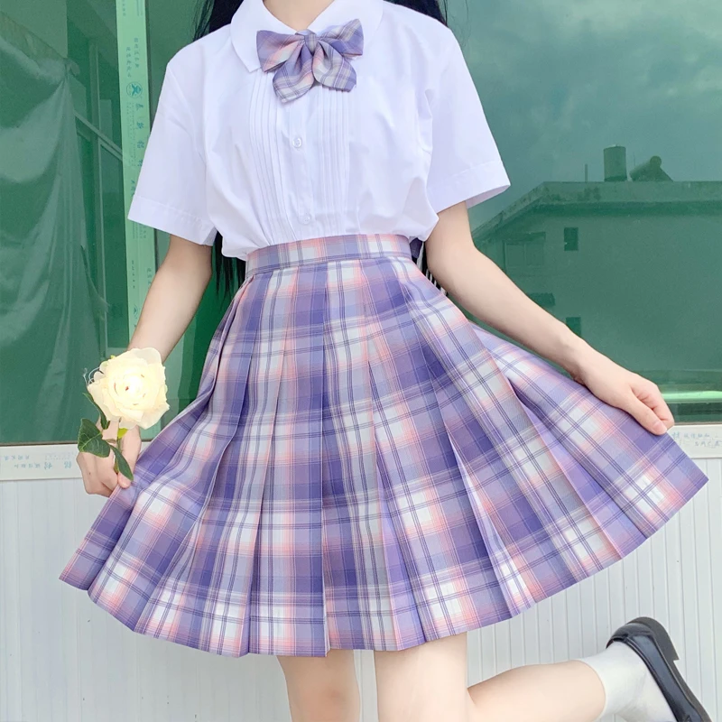 [Taro purple cake] Menina Verão Cintura Alta Plissada Saias Xadrez Saias Mulheres Vestido Para JK Uniforme Escolar Estudantes Roupas