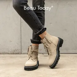 BeauToday Stivali Della Caviglia di Modo Delle Donne Della Mucca Pelle Scamosciata Lace-Up Zip Piattaforma Delle Signore del Cuoio Genuino di Inverno Stivali Fatti A Mano 03443