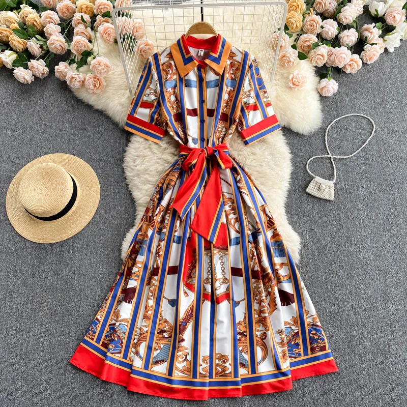 2025 Summer Newest Runway Designer Dress Simple and elegant Women's Short Sleeve Shirt Collar Floral Printed Bow Dress