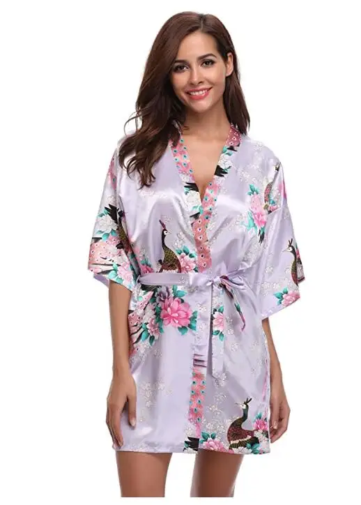 Brand Purple Female Printed Floral Kimono Dress Gown Chinese Style Silk Satin Robe Nightgown Flower S M L XL XXL XXXL