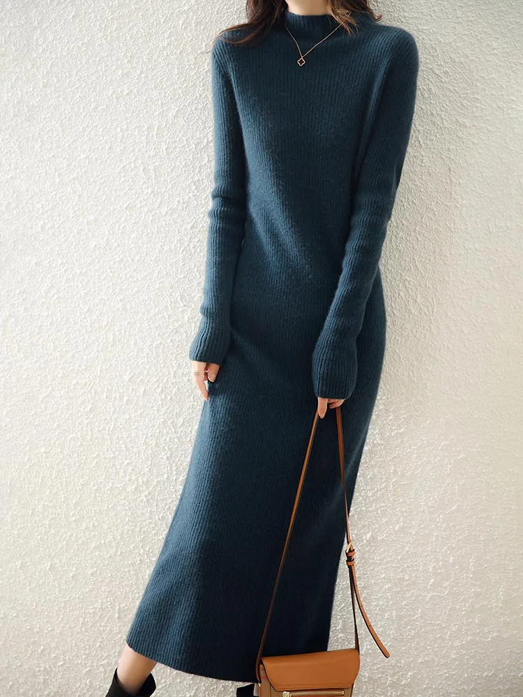 LONGMING Women Knitted Dress 100% Wool Sweater Dress Autumn Winter Slim Knit Maxi Long Sweater Dress Lady Pullover Dresses Solid