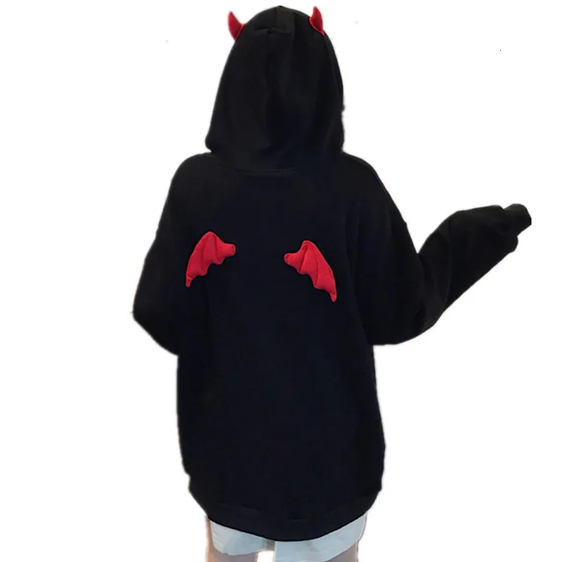 Harajuku Hoodies Girl Little Devil Horns Gothic Hooded Sweatshirts Women Demon Fly Wings Loose Pullovers Pocket Tops Streetwear