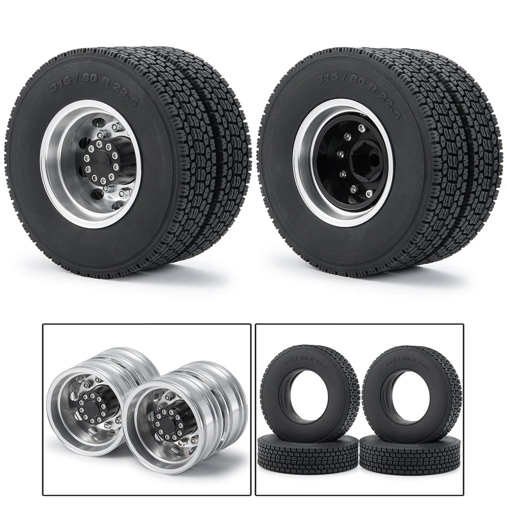 TRINOOD Tamiya Rear Wheel Rim Hub and Rubber Tires Kit for 1/14 Tamiya Tractor Truck Trailer Cargo Truck Car Wheels Parts