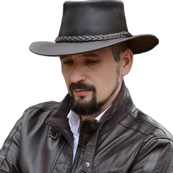 Retro Cowboy Hat Mens Western Denim Leather Pure Cowhide Knight's Cap Hats for Men