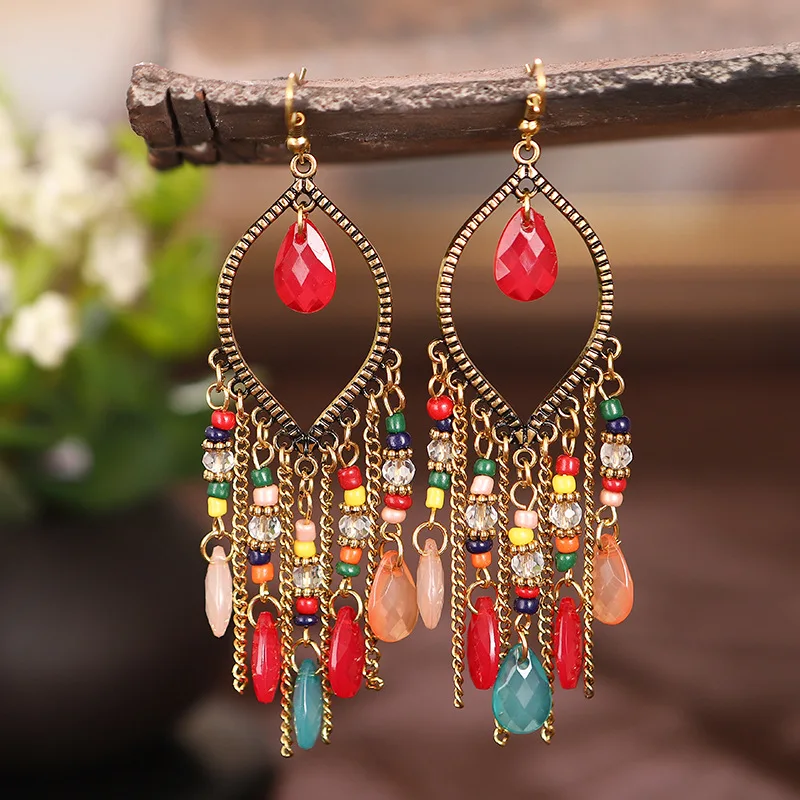 Bohemian Antik Gold Farbe Lange Wasser Tropfen Quaste Ohrringe für Frauen Vintage Bunte Geometrische Tropfen Baumeln Ohrringe Schmuck – Detail 4