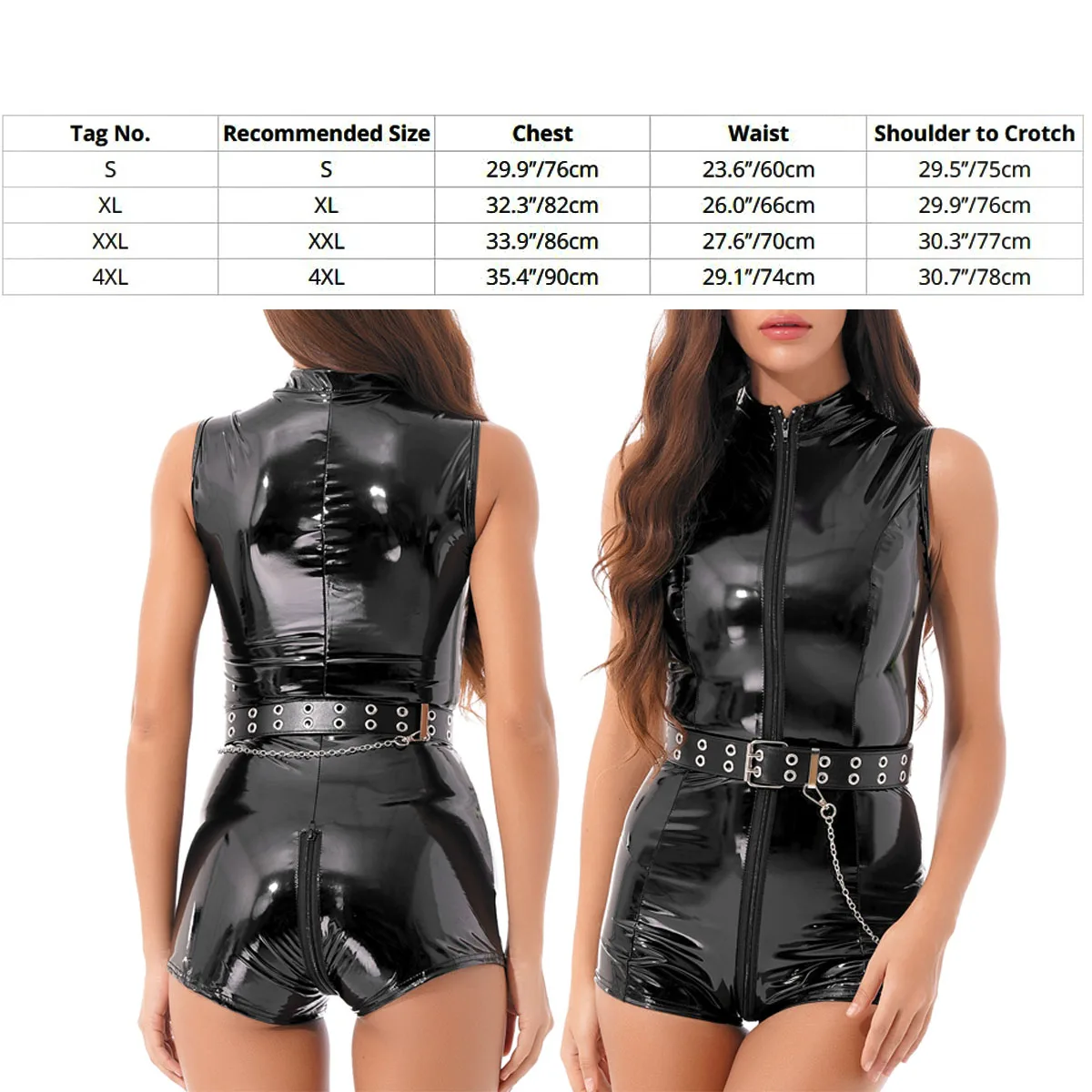 Phụ Nữ Clubwear Gợi Cảm Bodysuit Wetlook Bằng Sáng Chế Da Cổ Cao Tay Dây Kéo Đôi Leotard Bodysuit Nightw Với Dây Xích