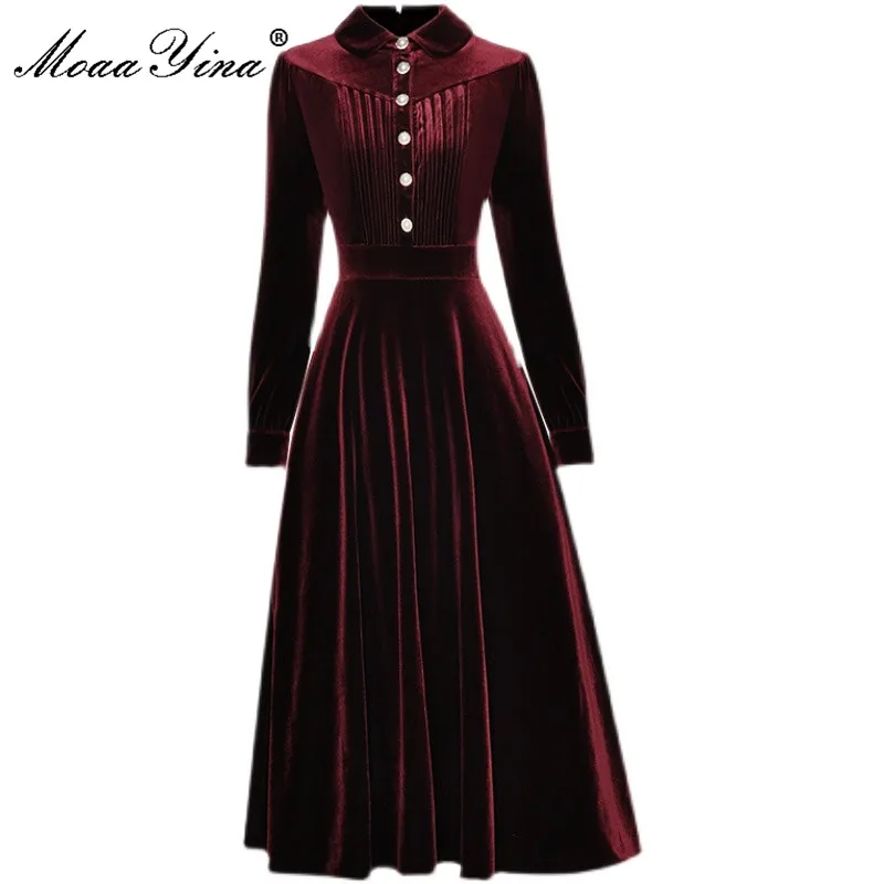 MoaaYina Fashion Designer Autumn Winter Red Dress Women's Turn-down Collar Single-breasted Long Sleeve Velvet Dress