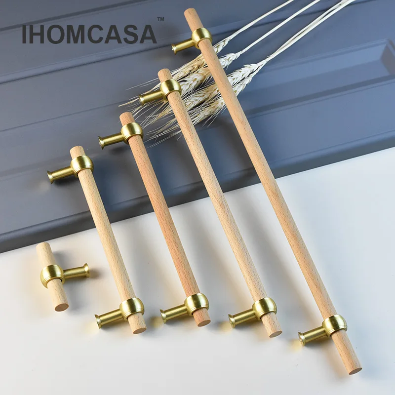 Деревянные ручки для мебели из натурального бука, выдвижные ящики, кухонные шкафы, ручки для комода, золотые латунные ручки