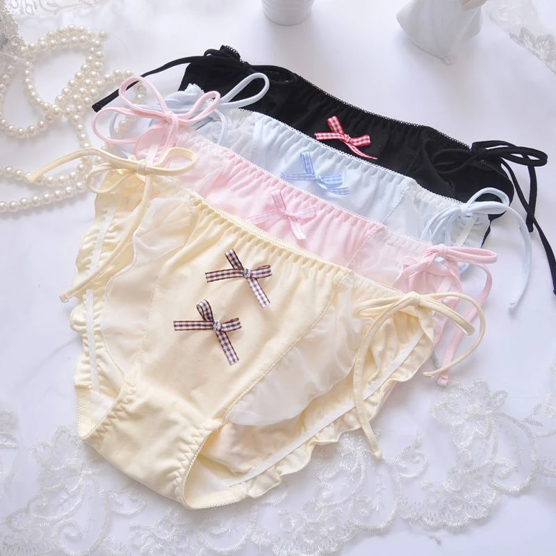 Women Cute Lovely Sweety Princess Style Cotton Bandage Lace Panties Ruffle Bow Low Waist Breathable Soft Underwear Breifs