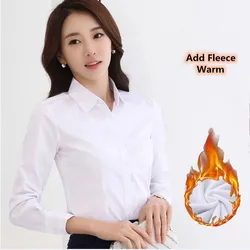 5XL New Winter Women Warm Fleece Shirt 2024 Solid Female Long Sleeve White Fleece Office Work Shirt Tops Blouse Autumn Clothes