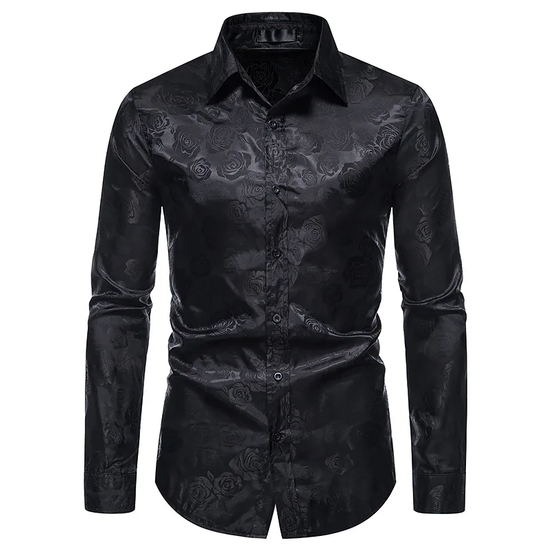 Fashion New Men\'s Long Sleeve Button Shirt personality Rose Print Casual Shirt Slim Dress Shirt