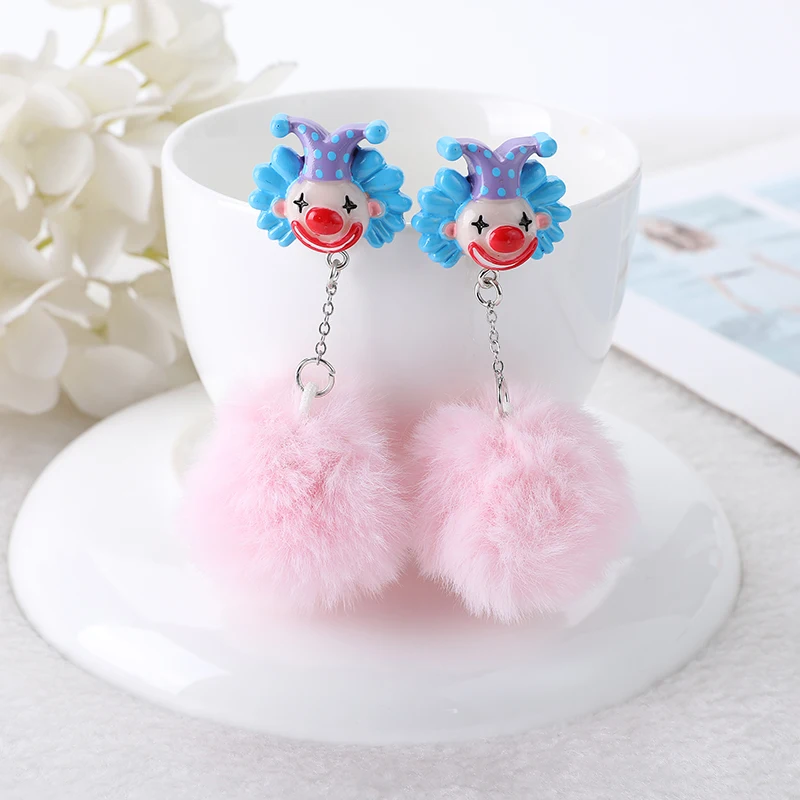 1Pair Stud Earring Multicolours Resin Clown With Pompoms Ball Dangle Jewelry For Girl And Woman Birthday Gift