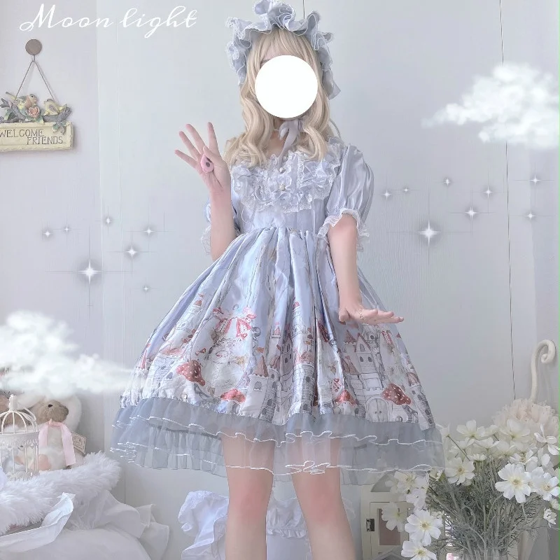 Japanese Sweety Lolita Style Girly Party Dress Kawaii Square Collar Bandage Bow Puff Sleeve Lace Ruffles Dresses For Female