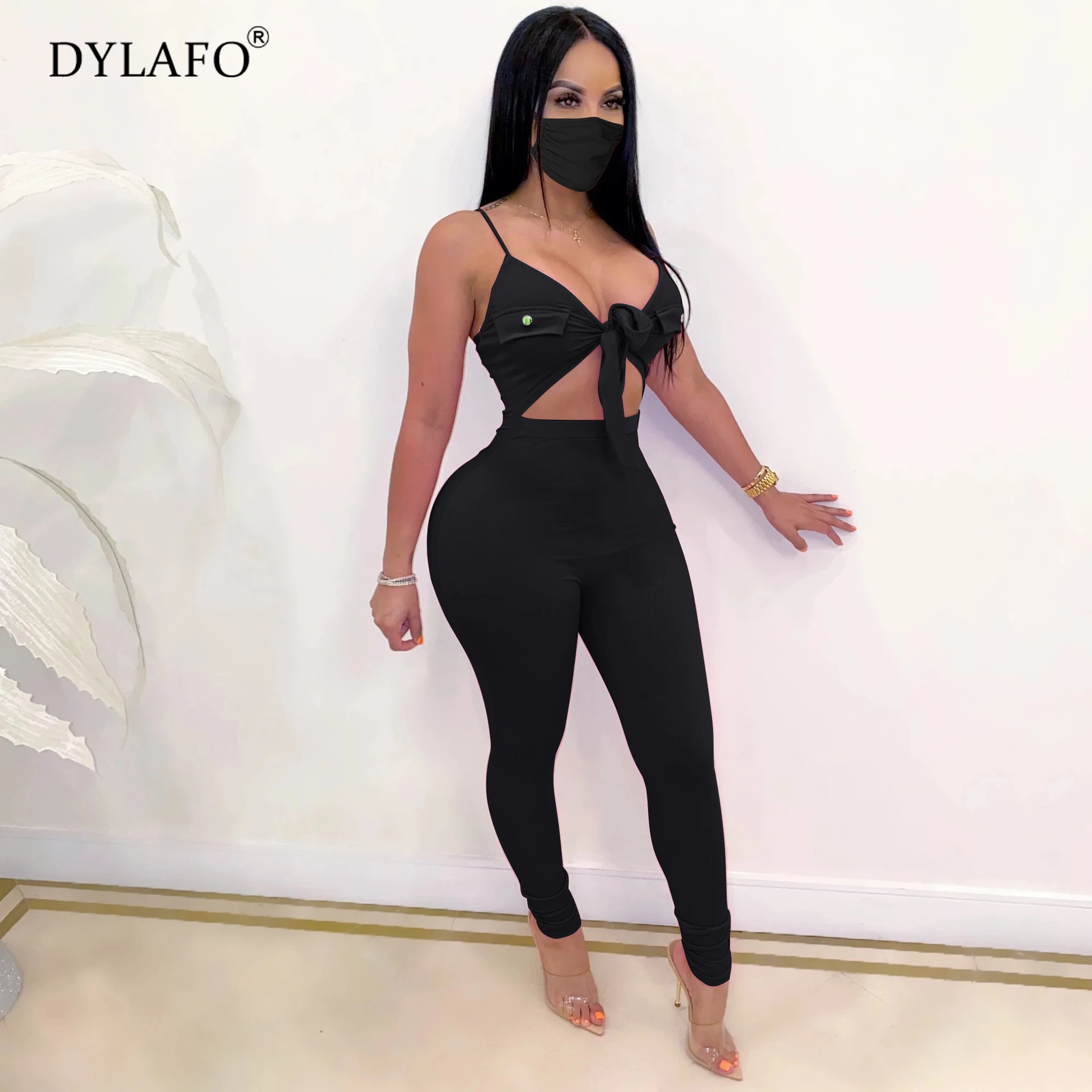 Hot Sale white lace up sexy bandage jumpsuit Women two-piece suit party jumpsuit Winter hollow out skinny long playsuit overalls