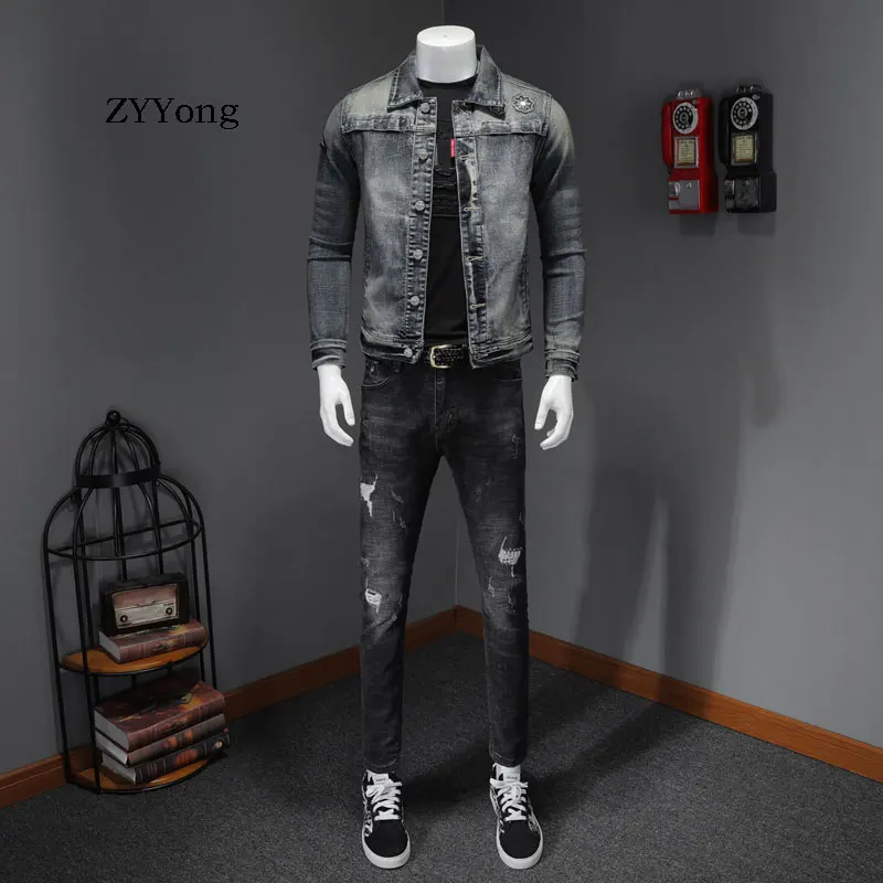 American Bomber Pilot Denim Jacket Men Jeans Coats Motorcycle Casual Slim Elasticity Outwear Clothing Overcoat Ropa Hombre