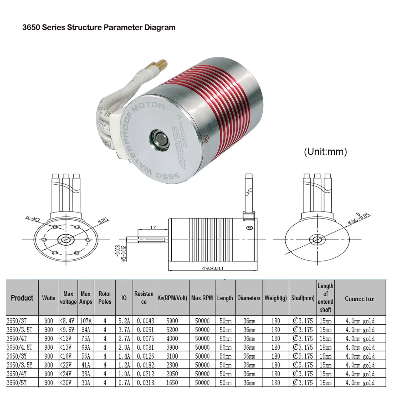 Platinum Waterproof Series 3650 5200KV Brushless Motor for 1/10 RC Car Part