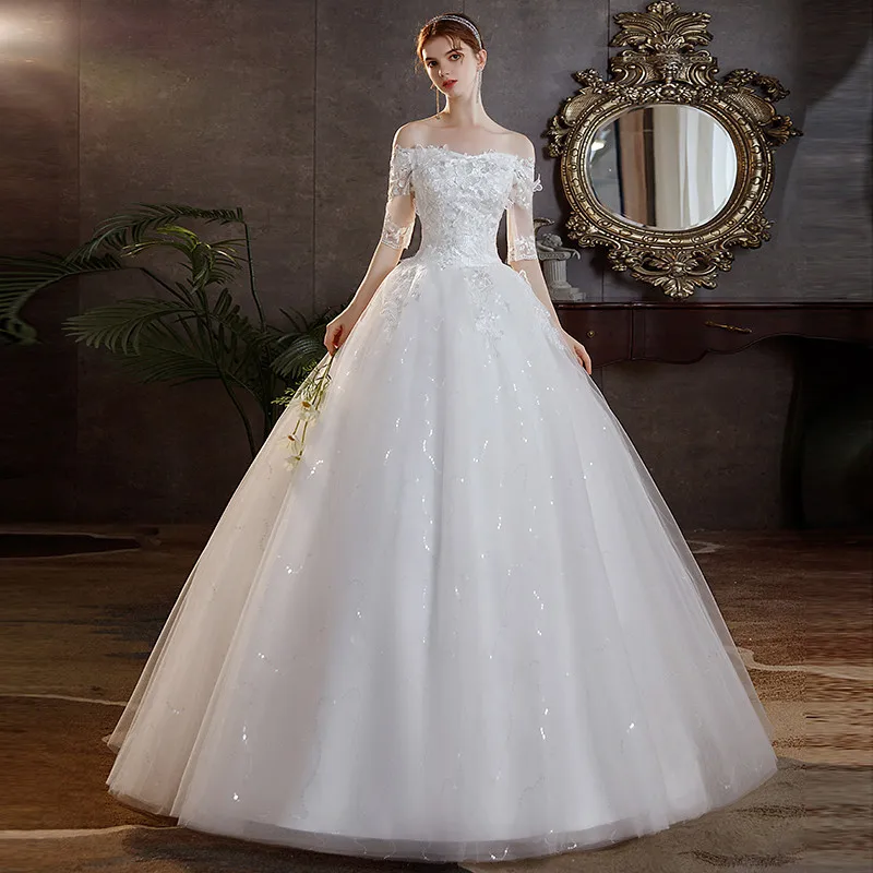 Vestido de noiva 2022 novo barco pescoço meia manga vestido de casamento bonito rendas lantejoulas plus size princesa nupcial bola vestido