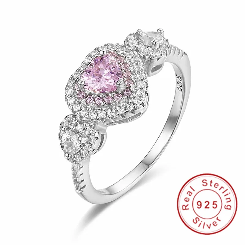 

Brand jewelry 925 Sterling Silver rings finger Heart Pink 2ct sona Diamond Pave setting CZ 2 Surround Wedding Ring For Women
