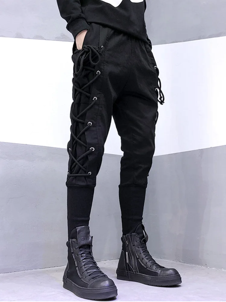 Free Shipping Men's Male Fashion Black Original Design Personality Dark Drawstring Webbing Decoration Slim Feet Harem Pants