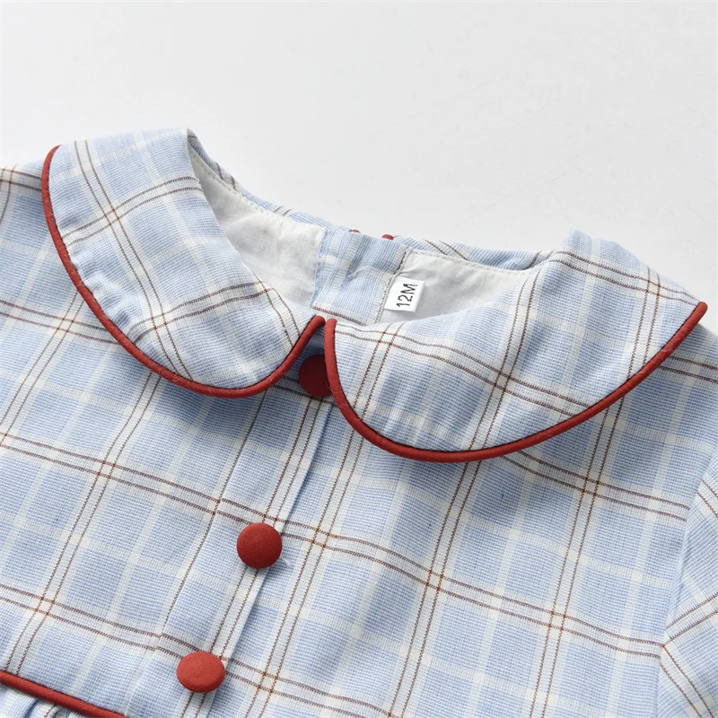 New Baby Boys Spanish Cottom Rompers Red Trim Newborn Long Sleeve Bubbles Peter Pan Collar Plaid Jumpsuits Boy Spain Outfits