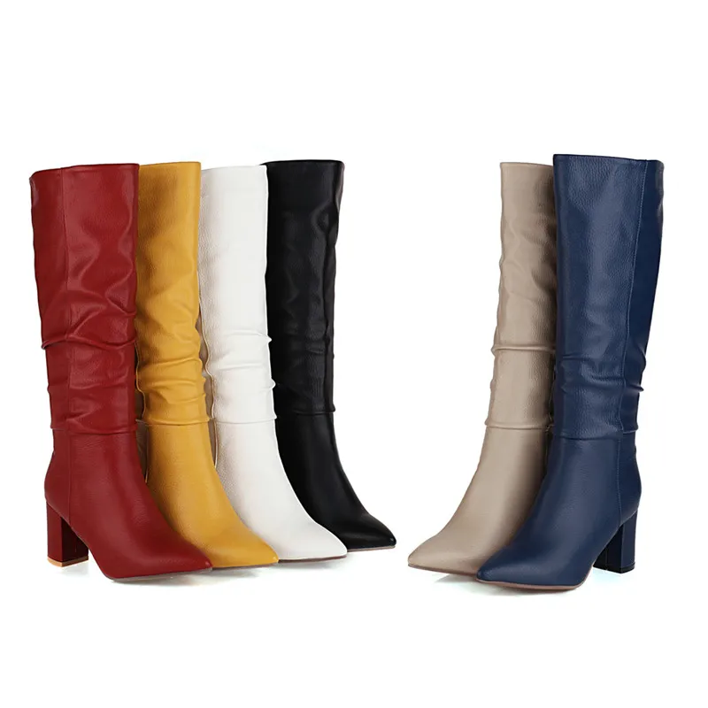 YMECHIC 2024 High Heel Winter Boots Pointed Toe Blue Red Yellow White Black Knight Long Knee High Boots Female Shoes Plus Size