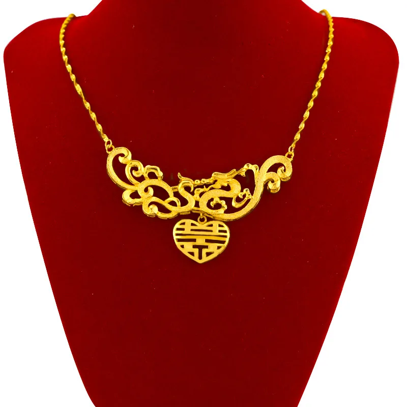 

HOYON Genuine Gold Color Pendant Necklace for Women Water Wave Chain Dragon Phoenix Wedding Jewelry Bridal Statement Gifts