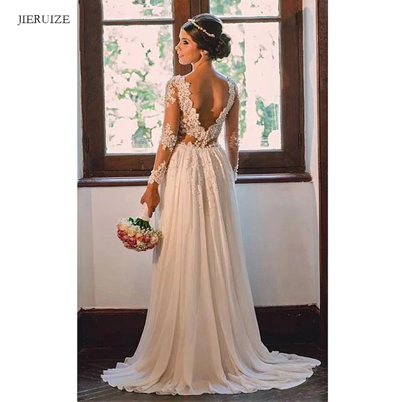 JIERUIZE gasa encaje apliques espalda descubierta boho vestidos de boda cuello en V perlas manga larga vestidos de novia baratos vestidos de boda