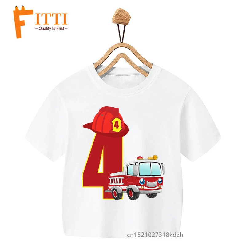 Feuerwehr Auto Geburtstag Zahlen Blume Drucken Jungen/Mädchen Weiß T-shirt Kind Sommer Kawaii Lustige Kleine Baby Kleidung, drop Schiff