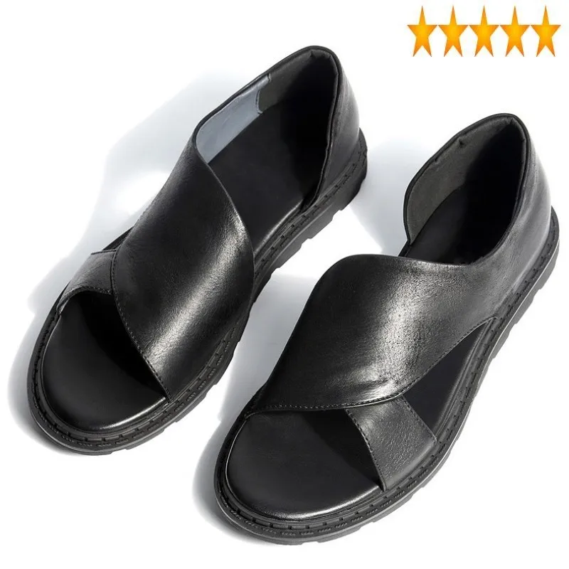 

Beach Summer Slip Men On Loafers Vintage Open Toe High Quality Genuine Leather Gladiator Sandals Casual Outside Footwear