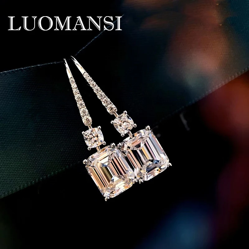 Luomansi 18K White Gold Earrings Real 925 Silver Square High Carbon Zircon Diamond Earrings Top Quality Jewelry Wholesale