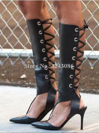 

Lady New Black Leather Knee High Sandals Boots Sexy Pointed Toe Stiletto Heel Back Lace-up Sandals Long Boots Woman Banquet Shoe