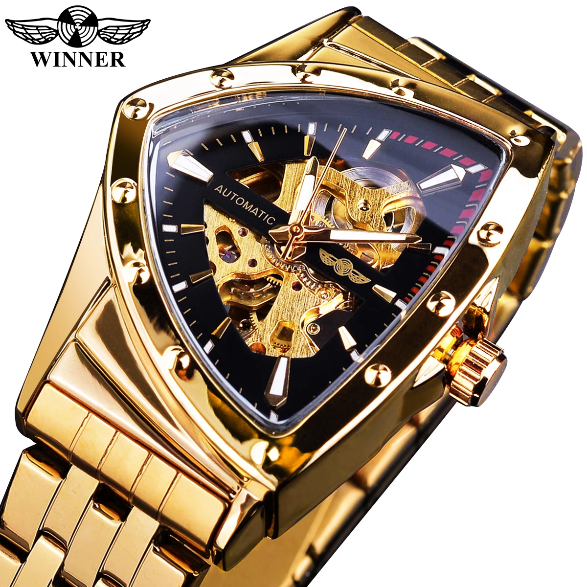 Winner Black Golden Luxury Dial for Men Automatic Mechanical Watches Skeleton Wristwatch Irregular Stainless Steel Strap Relogio