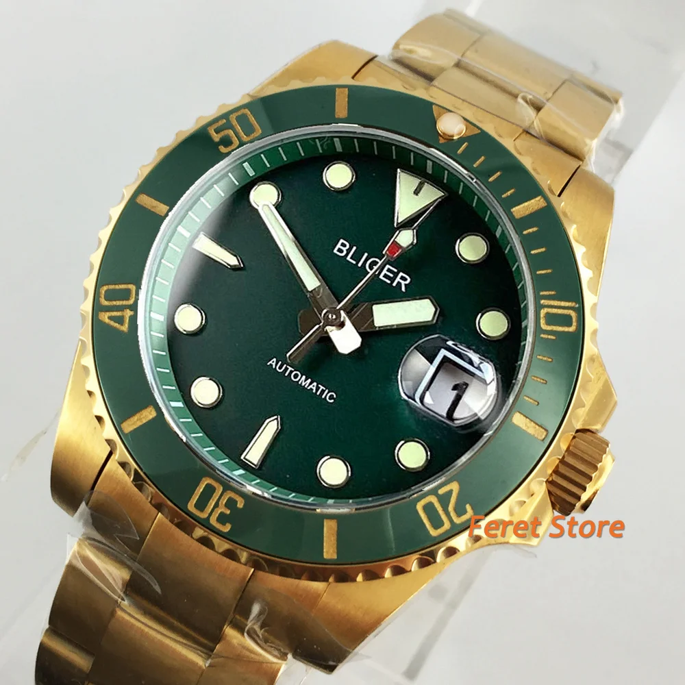 Bliger 40mm watch sterile Luminous Green Dial Yellow Gold Stainless steel Case Japan Sapphire Glass NH35A Automatic Mens Watch