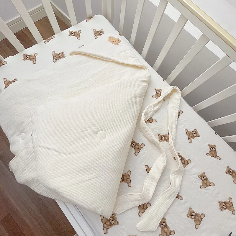 Embroidery Bear Infant Soft Blanket Bathing Swaddle Newborn Anti-Kick Wrap Children Stroller Windproof Blanket Organic Cotton