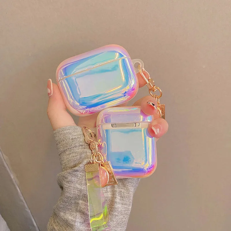Luksusowe Gradient Laser TPU miękkie słuchawki Case dla apple airpods pro 3 zestaw słuchawkowy pokrywa dla AirPods 2/1 Shell Box Pearl Gem Key Ring