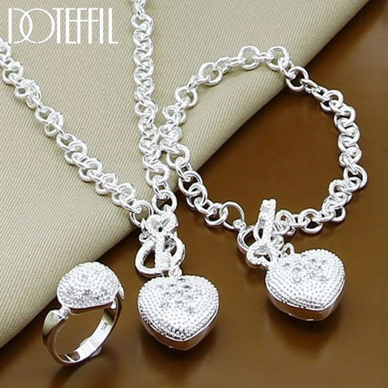 DOTEFFIL 925 Sterling Silver AAA cyrkon bransoletka z sercem naszyjnik zestaw pierścionków dla kobiety ślub przyjęcie zaręczynowe urok biżuterii