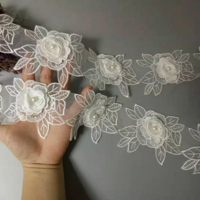 3 yard White Polyester Rose Flower Handmade Embroidered Fabric Lace Trim Applique Ribbon DIY Sewing Craft Decoration 10cm